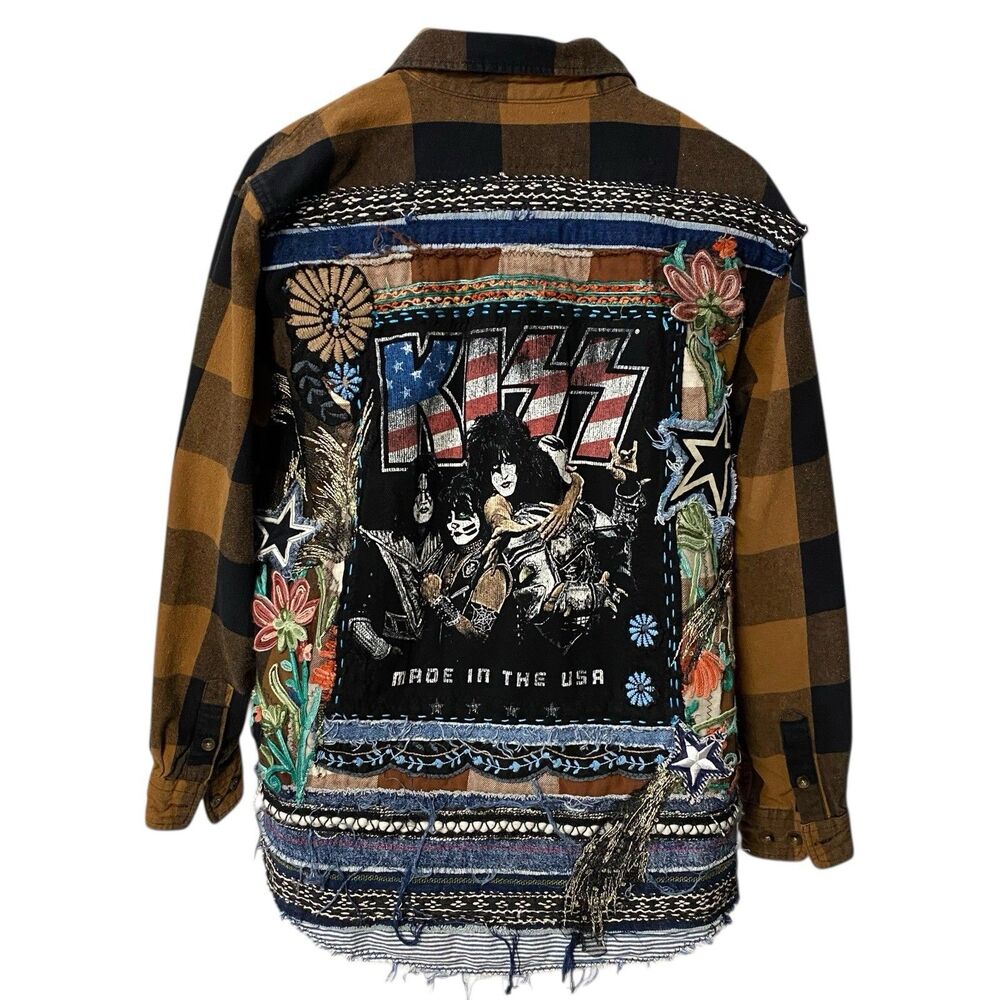 Upcycled Flannel Shirt Shacket Womens 1X Kiss Concert Custom Grunge Rock Skater